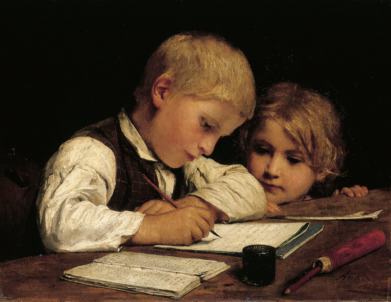 Chlapec píše se svou sestrou, 1875 od Albert Anker