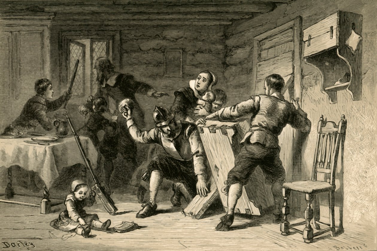 Puritáni zabarikádují svůj dům proti Indiánům, 1877. od Albert Bobbett