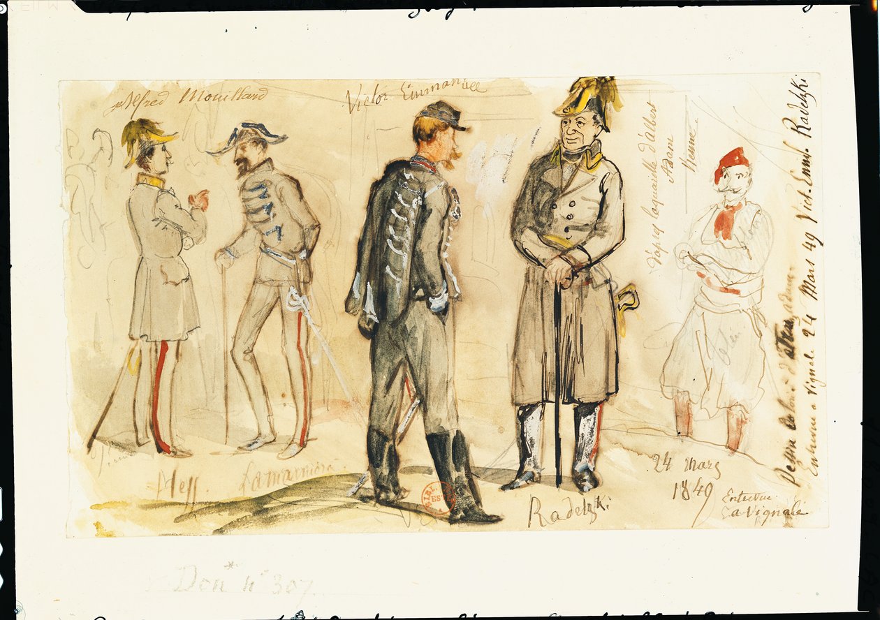 Král Vittorio Emanuele II. (1820-78) Setkání s Josephem Radetským von Radetz (1766-1858) ve Vignale, 24. března 1849 (pero a inkoust a wc na papíře) od Albrecht Adam