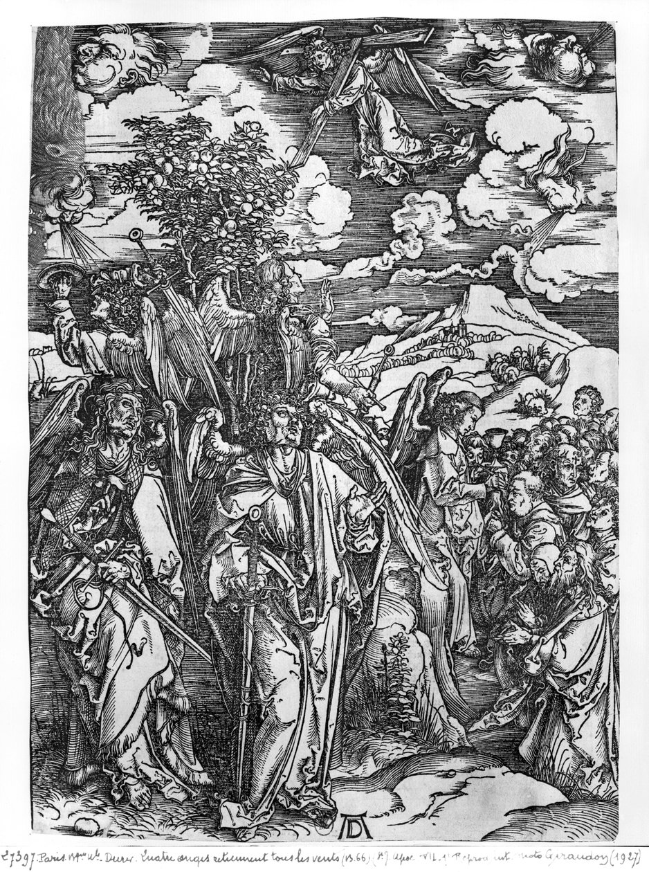 Scéna z Apokalypsy, Čtyři andělé držící větry, latinské vydání, 1511 od Albrecht Dürer