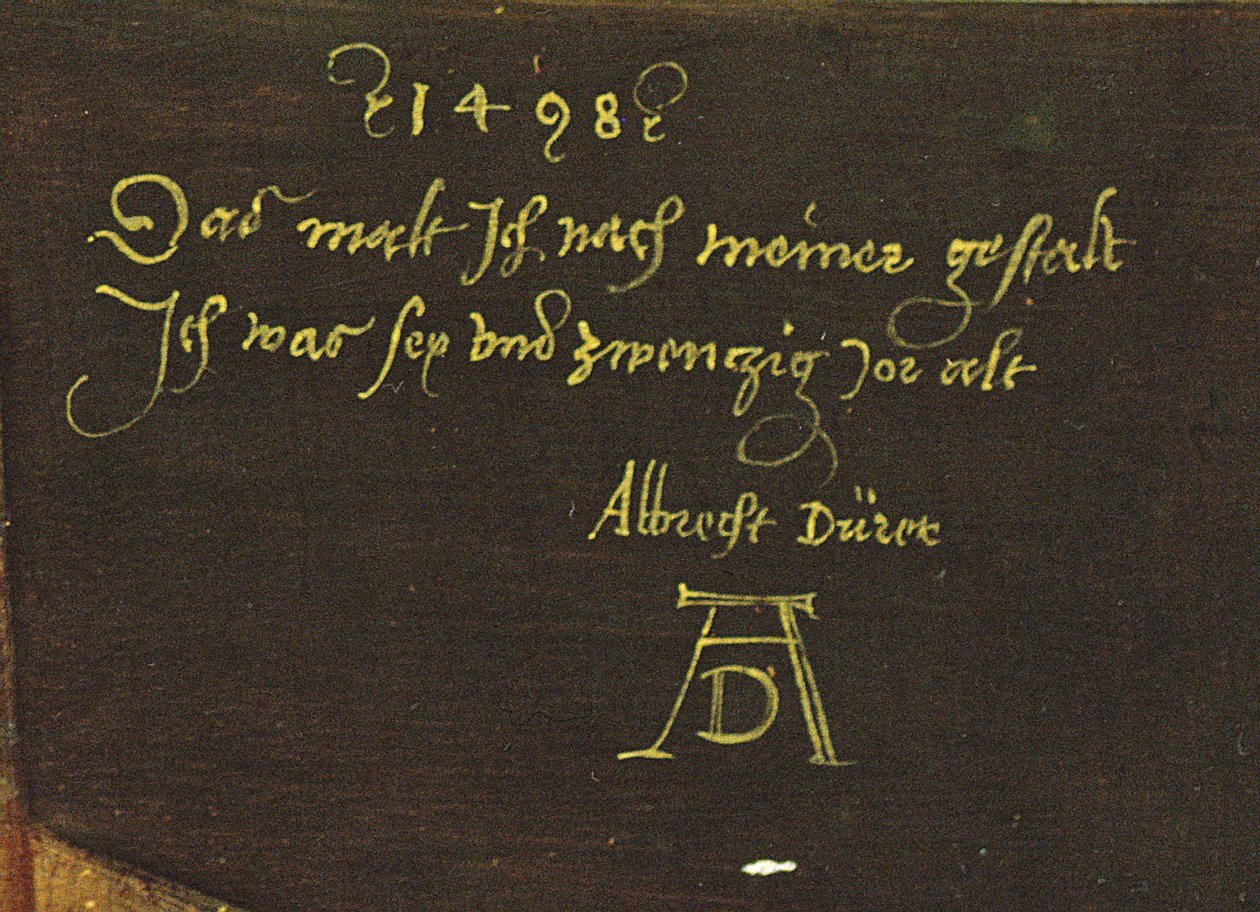 Autoportrét s rukavicemi, detail podpisu, 1498 (detail 545) od Albrecht Dürer