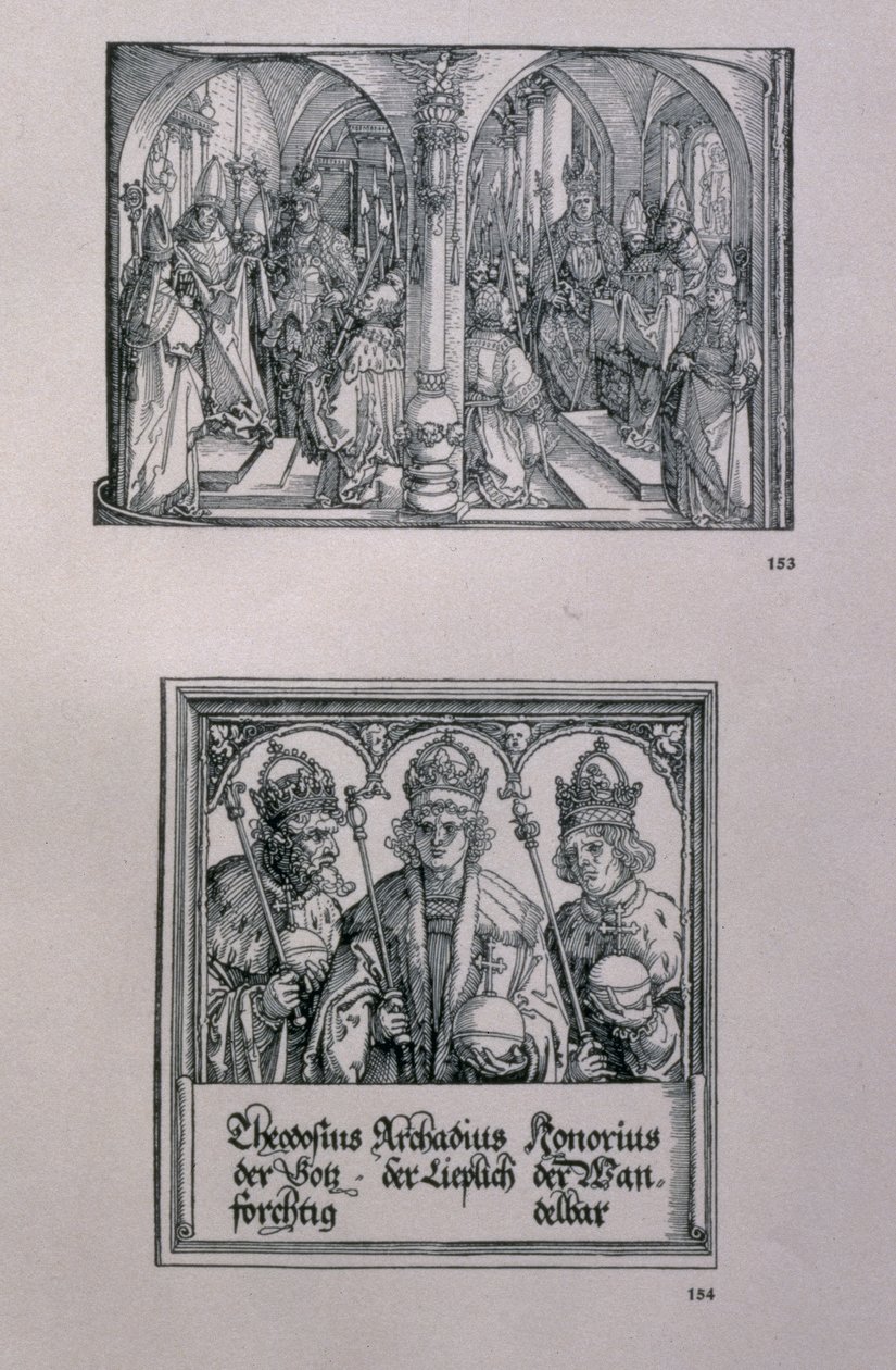 Triumfální oblouk císaře Maxmiliána I. (1459-1519): detail zobrazující dva panely, (nahoře) událost v životě Maxmiliána a (dole) římského císaře Theodosia I. Velikého (asi 346-395) a jeho t od Albrecht Dürer