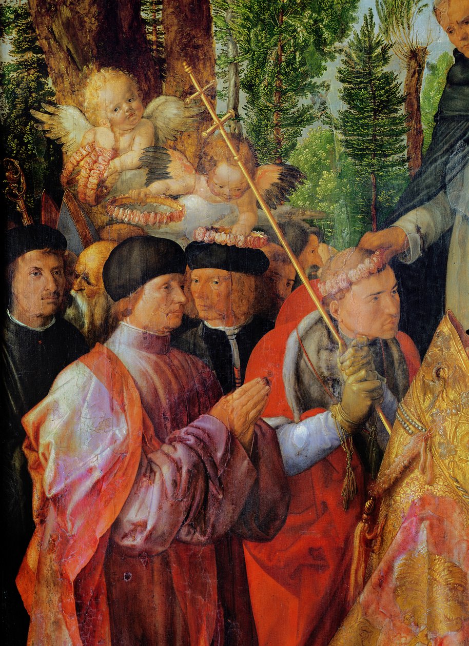 Festival růžových zahrad, detail vlevo: modlení, 1506 (olej na dřevě) od Albrecht Dürer