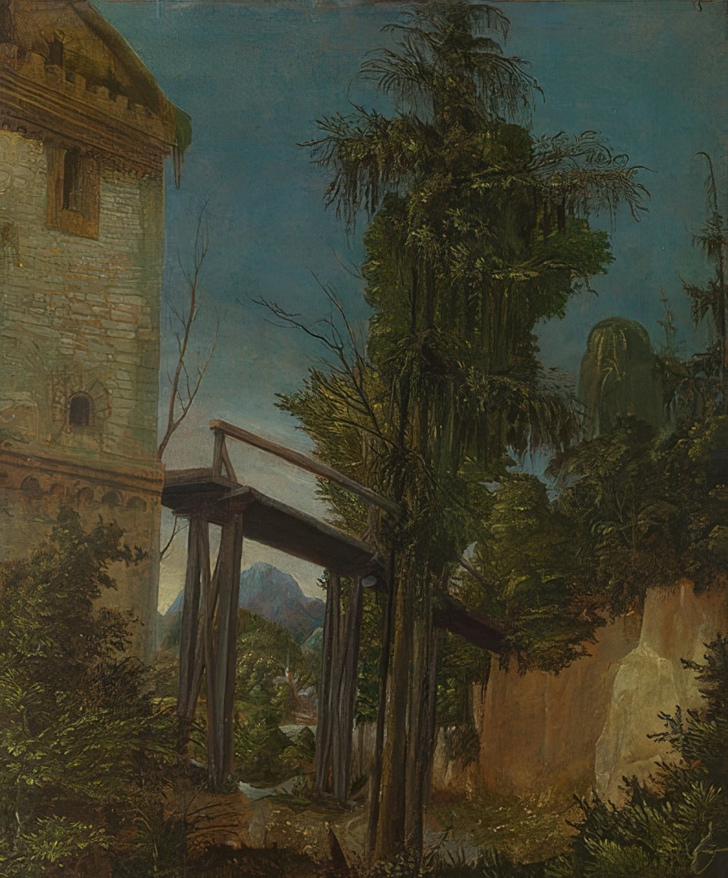 Krajina s lávkou. Kolem 1518-20 od Albrecht Altdorfer