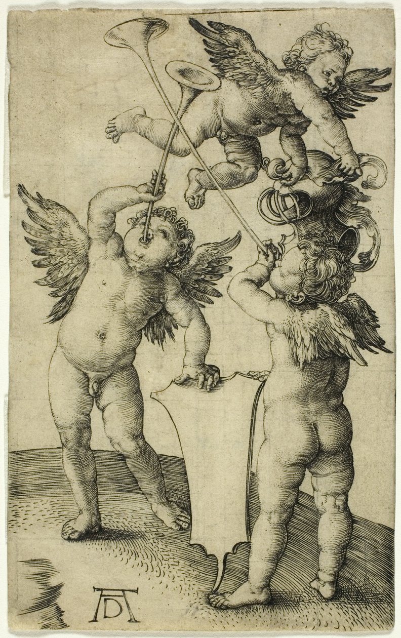 Tři putti se štítem a helmou od Albrecht Dürer