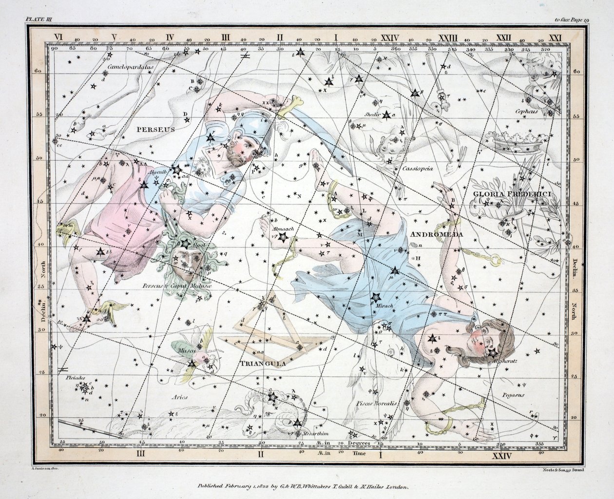Souhvězdí (Plate III) Andromeda, Triangulum, II Perseus et Caput Medusae, Gloria Frederici, z 
