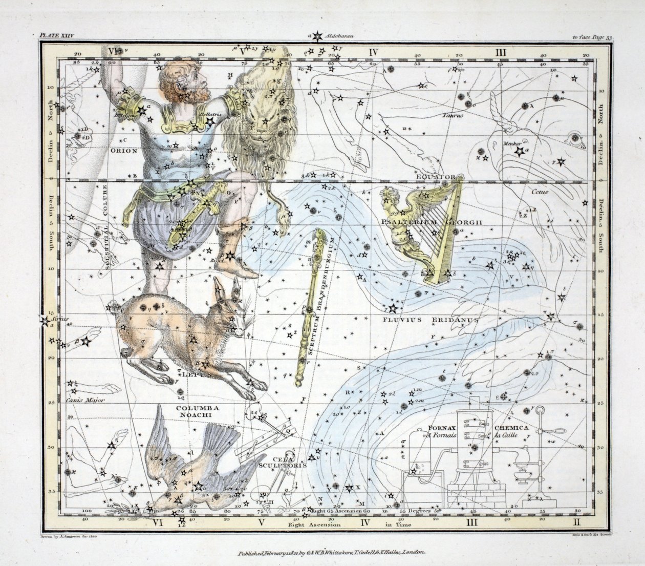 Souhvězdí (deska XXIV) Řeka Eridanus, Orion; Lepus, Noemova Columba, sochař Cela, žaltář Jiří, hodiny, Equuleus Pictorius, Brandenbergius Sceptrum, z „A nebeského atlasu“ b od Alexander Jamieson