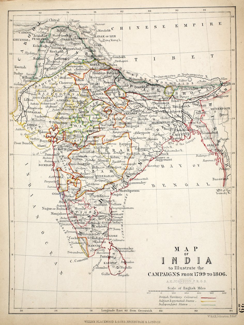 Mapa Indie, publikoval William Blackwood and Sons, Edinburgh und London, 1848 (ručně kolorovaná rytina) od Alexander Keith Johnston