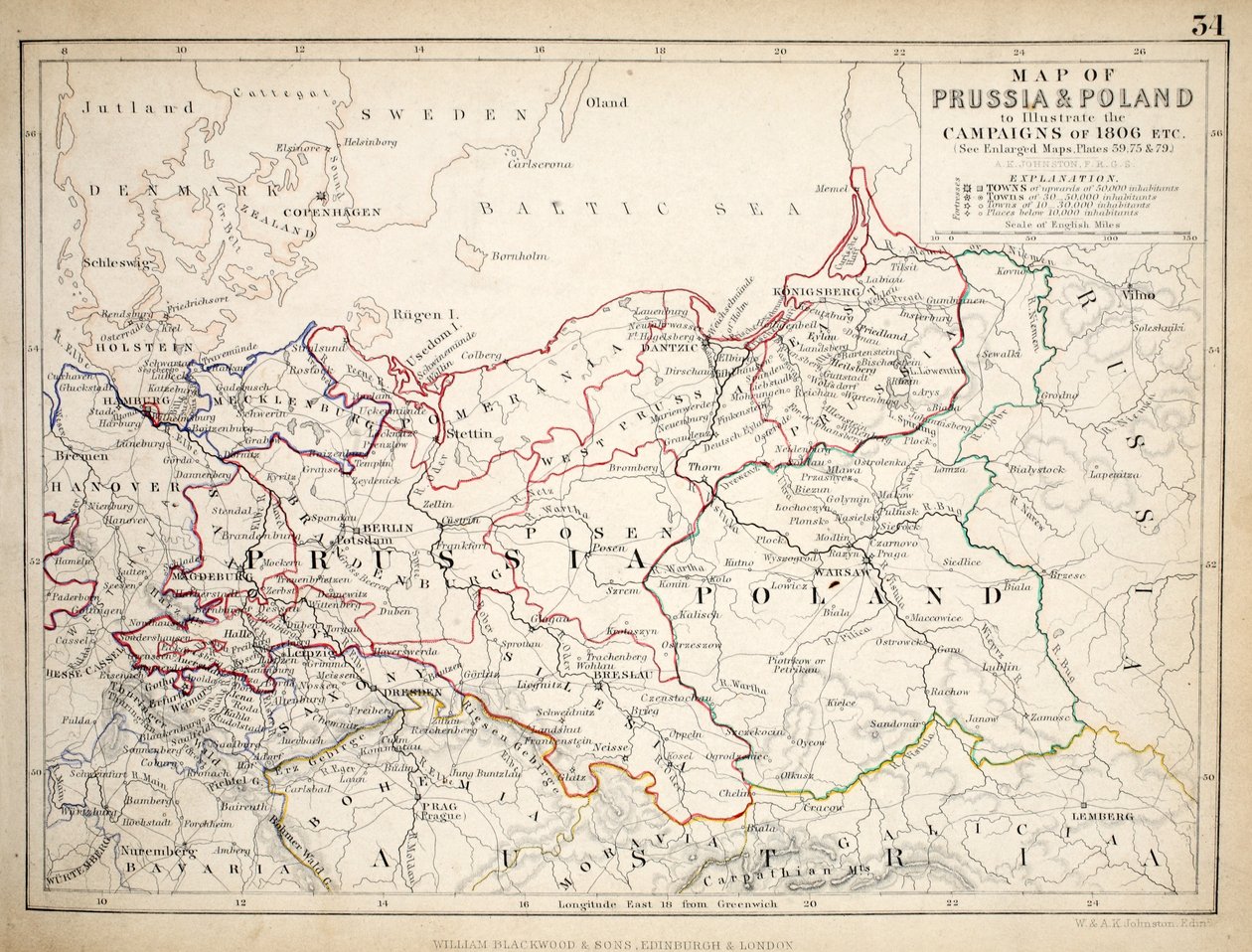 Mapa Pruska a Polska, publikoval William Blackwood and Sons, Edinburgh und London, 1848 (ručně kolorovaná rytina) od Alexander Keith Johnston