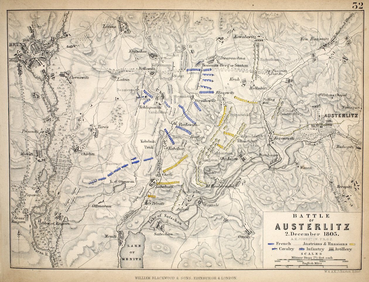 Mapa bitvy u Slavkova, publikoval William Blackwood and Sons, Edinburgh und London, 1848 (ručně kolorovaná rytina) od Alexander Keith Johnston