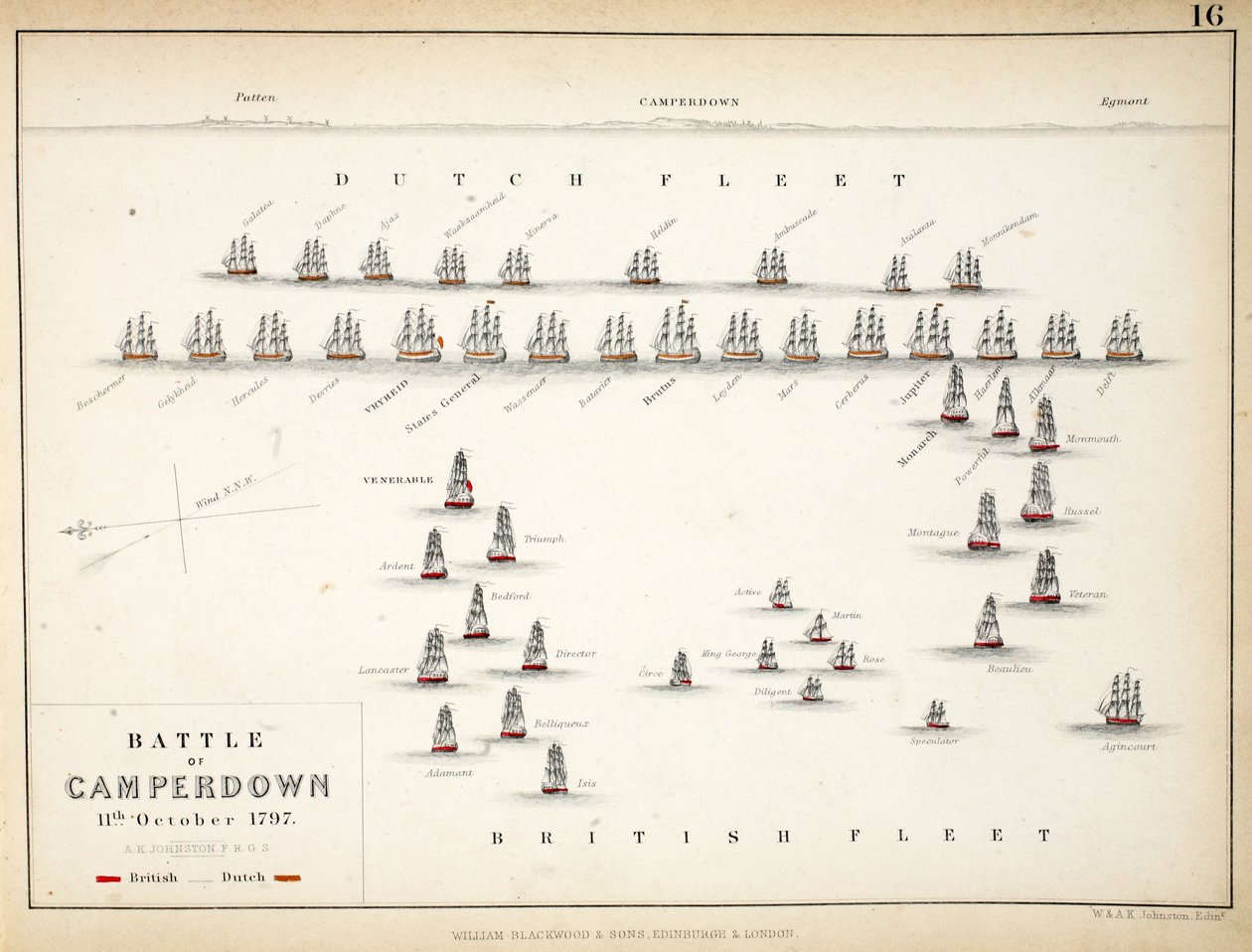 Mapa bitvy u Camperdown, publikoval William Blackwood and Sons, Edinburgh und London, 1848 (ručně kolorovaná rytina) od Alexander Keith Johnston