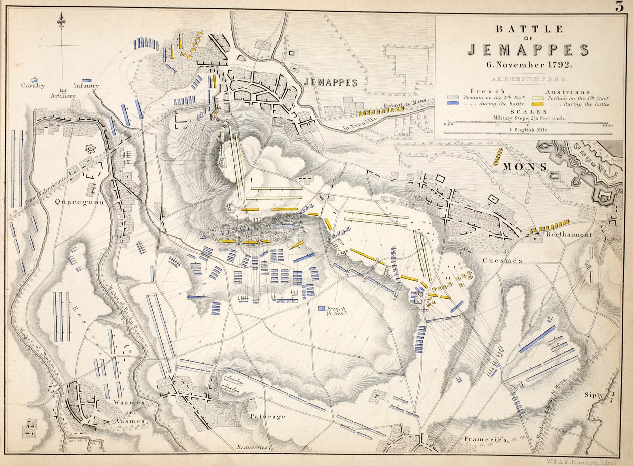 Mapa bitvy u Jemappes, kterou vydal William Blackwood and Sons, Edinburgh und London, 1848 (ručně kolorovaná rytina) od Alexander Keith Johnston