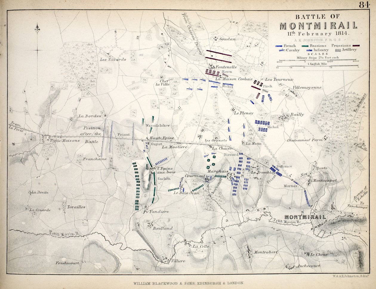 Mapa bitvy u Montmirail, publikoval William Blackwood and Sons, Edinburgh und London, 1848 (ručně kolorovaná rytina) od Alexander Keith Johnston