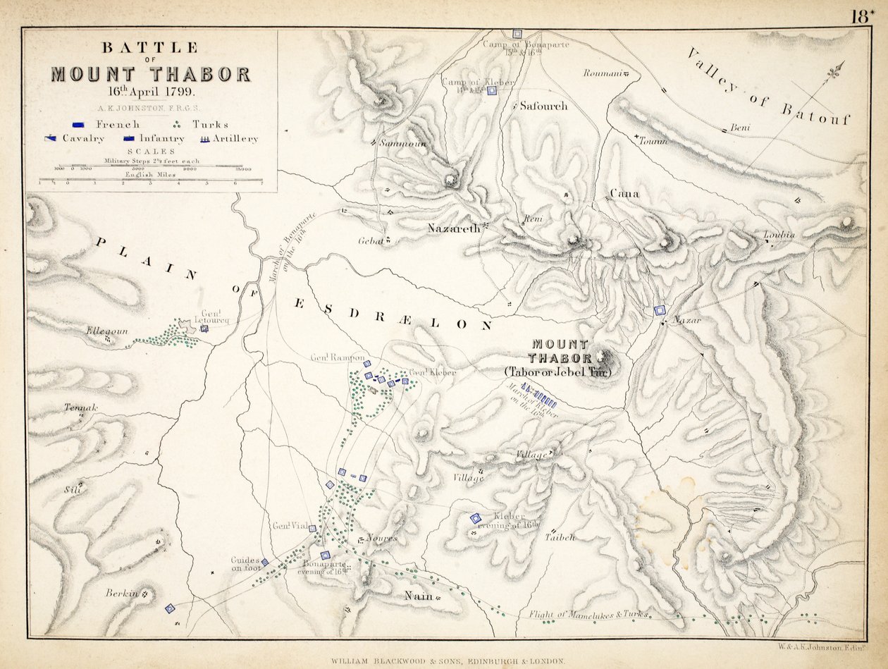 Mapa bitvy u Mount Thabor, publikoval William Blackwood and Sons, Edinburgh und London, 1848 (ručně kolorovaná rytina) od Alexander Keith Johnston