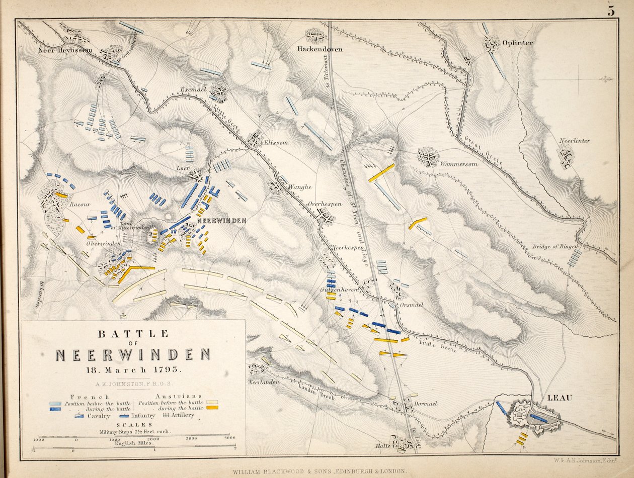 Mapa bitvy u Neerwindenu, kterou vydal William Blackwood and Sons, Edinburgh und London, 1848 (ručně kolorovaná rytina) od Alexander Keith Johnston
