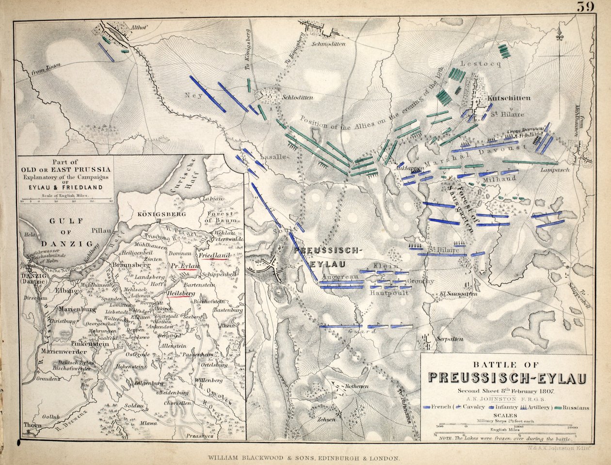 Mapa bitvy u Preussisch-Eylau, kterou vydal William Blackwood and Sons, Edinburgh und London, 1848 (ručně kolorovaná rytina) od Alexander Keith Johnston