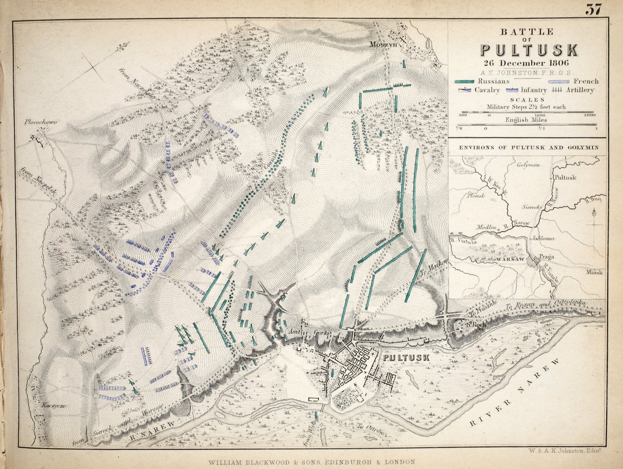 Mapa bitvy u Pultusku, kterou vydal William Blackwood and Sons, Edinburgh und London, 1848 (ručně kolorovaná rytina) od Alexander Keith Johnston