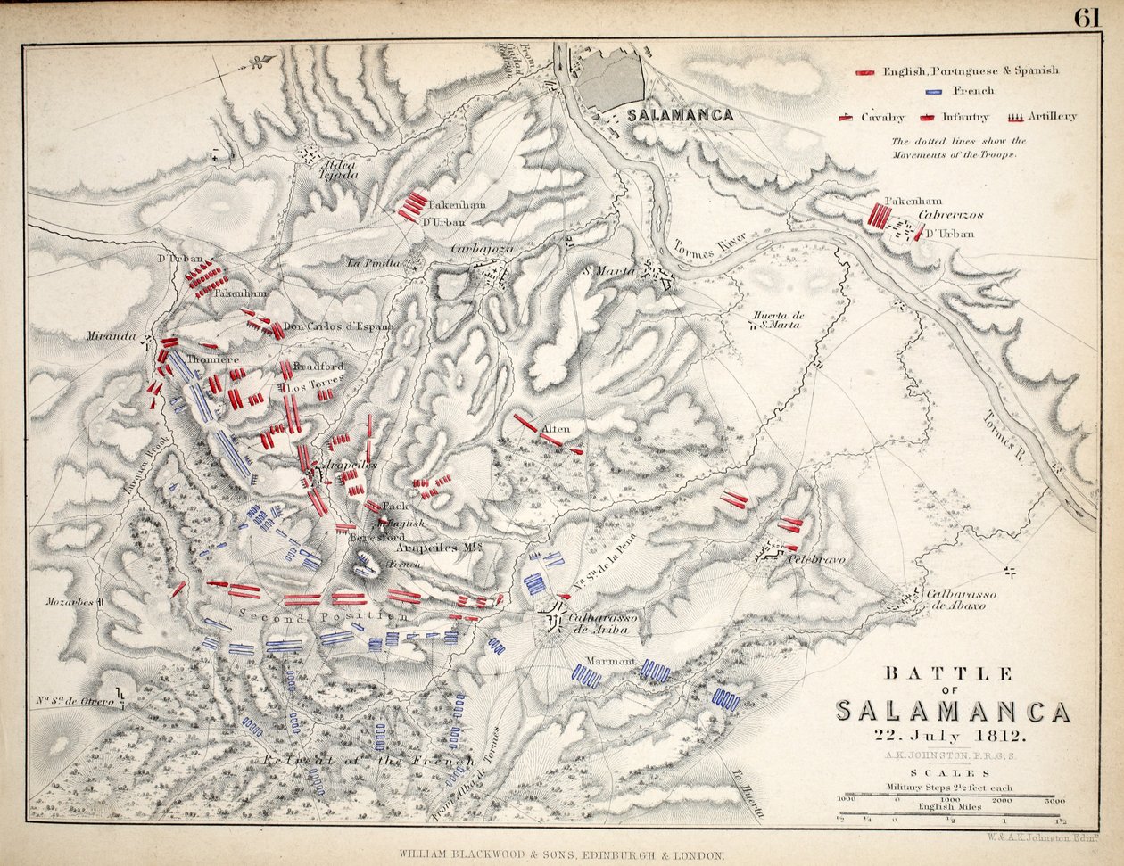 Mapa bitvy u Salamanky, publikoval William Blackwood and Sons, Edinburgh und London, 1848 (ručně kolorovaná rytina) od Alexander Keith Johnston