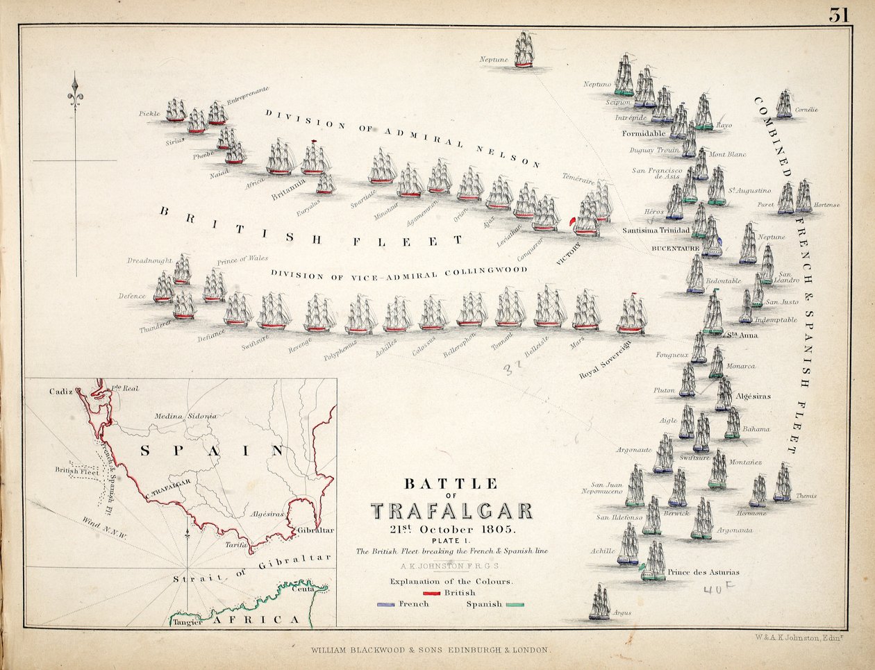 Mapa bitvy u Trafalgaru, kterou vydal William Blackwood and Sons, Edinburgh und London, 1848 (ručně kolorovaná rytina) od Alexander Keith Johnston