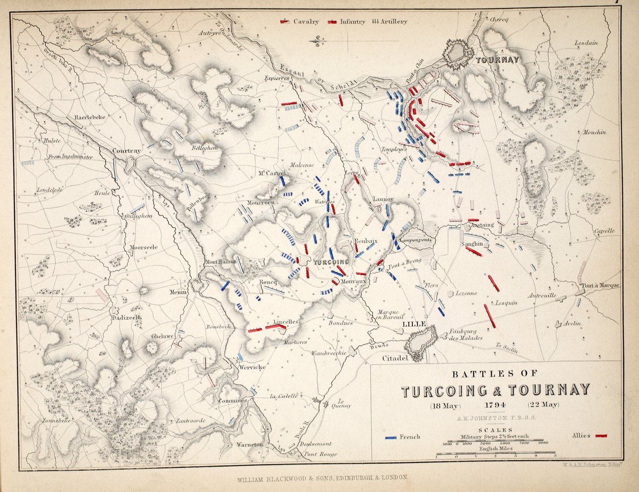 Mapa bitev u Turcoingu a Tournay, kterou vydal William Blackwood and Sons, Edinburgh und London, 1848 (ručně kolorovaná rytina) od Alexander Keith Johnston