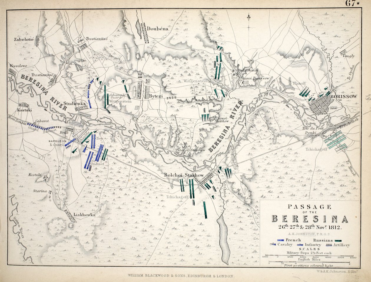 Mapa Passage of the Beresina, publikoval William Blackwood and Sons, Edinburgh und London, 1848 (ručně kolorovaná rytina) od Alexander Keith Johnston