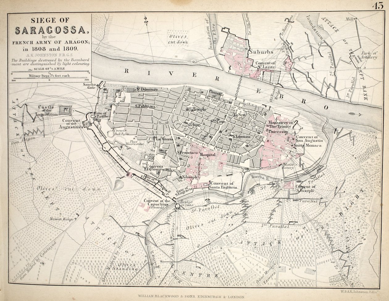 Mapa Siege of Saragossa, publikoval William Blackwood and Sons, Edinburgh und London, 1848 (ručně kolorovaná rytina) od Alexander Keith Johnston