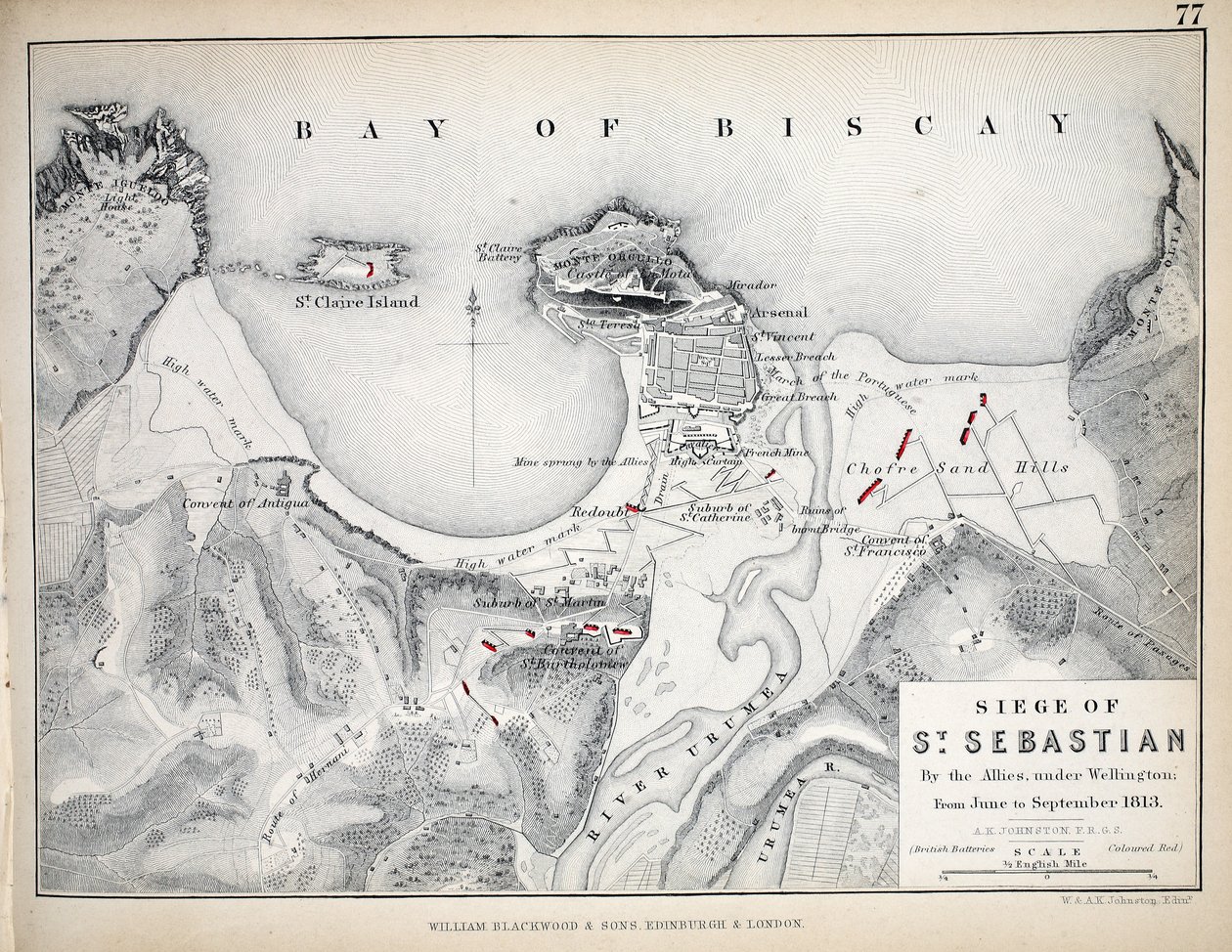 Mapa Siege of St Sebastian, publikoval William Blackwood and Sons, Edinburgh und London, 1848 (ručně kolorovaná rytina) od Alexander Keith Johnston