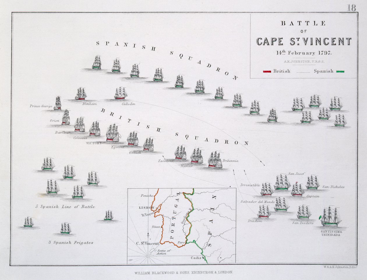 Plán bitvy u Cape St. Vincent, 14. února 1797, kolem 30. let 19. století od Alexander Keith Johnston
