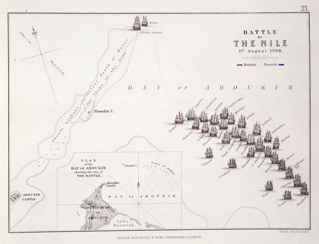 Plán bitvy na Nilu, 1. srpna 1798, kolem 30. let 19. století od Alexander Keith Johnston