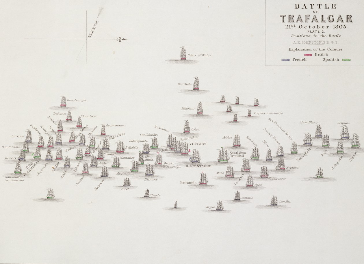 Bitva u Trafalgaru, 21. října 1805, pozice v bitvě, kolem 30. let 19. století od Alexander Keith Johnston