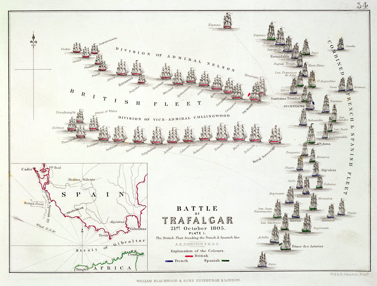 Bitva u Trafalgaru, 21. října 1805, Britové prolomili francouzskou a španělskou linii, kolem 30. let 19. století od Alexander Keith Johnston