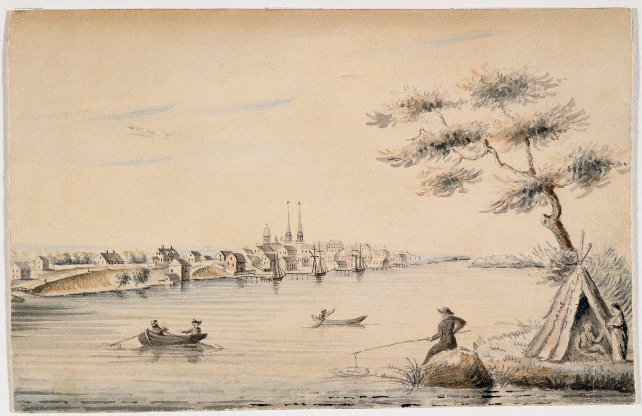 Detroit při pohledu z kanadského pobřeží v roce 1821 (černý inkoust a wc přes tužku na papíře) od Alexander Macomb