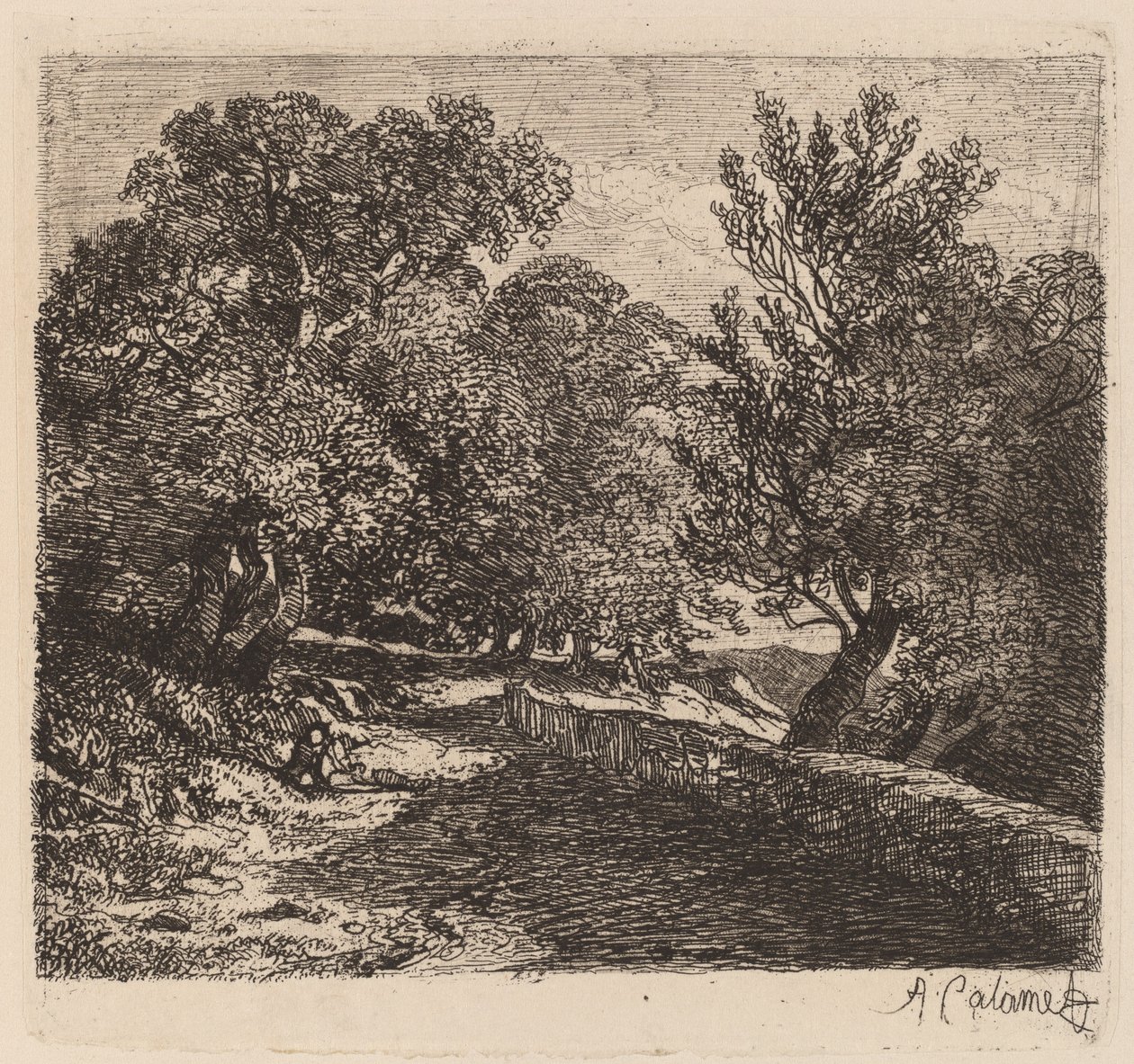 Muž odpočívá u kamenné zdi od Alexandre Calame
