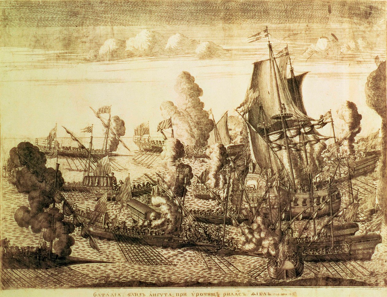 Bitva u mysu Gangut (Hanko) 25. července 1714, 1715 (lept s rytinou) od Alexei Fyodorovich Zubov