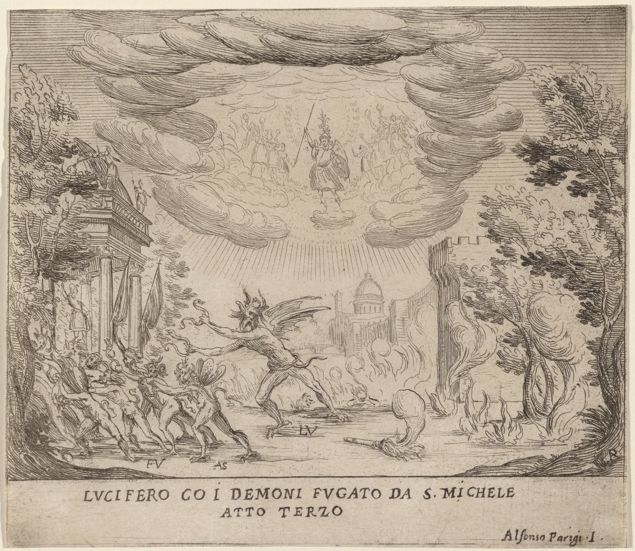 Lucifer a démoni prchající ze svatého Michaela od Alfonso Parigi II