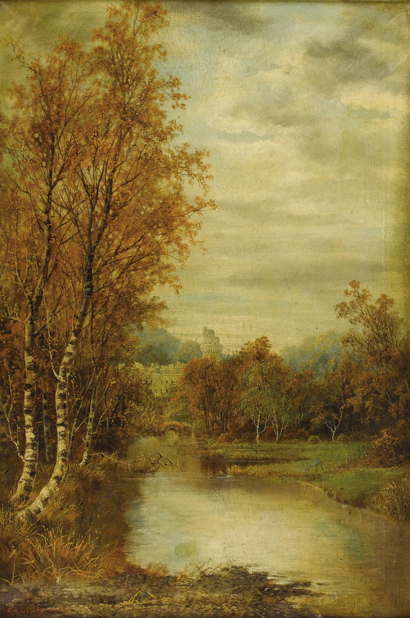 Podzimní krajina s rybníkem a zámeckou věží od Alfred Augustus Glendening