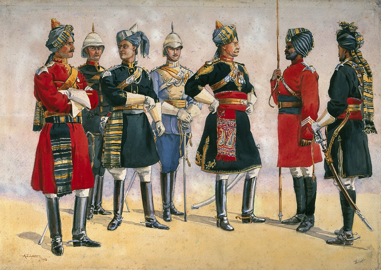 Britští důstojníci, indická armáda, ilustrace pro ‚Armády Indie‘, publikoval v roce 1911, 1910 od Alfred Crowdy Lovett