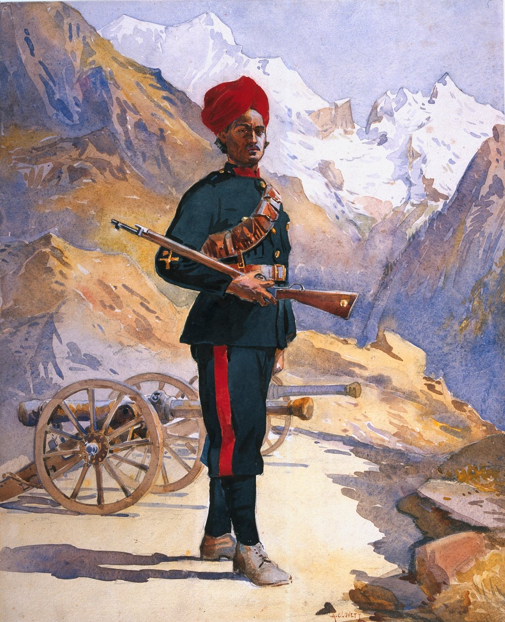 Dělostřelec horské baterie, paňdžábský muslim, ilustrace pro "Armády Indie" od majora G.F. MacMunna, vydáno v roce 1911, 1908 od Alfred Crowdy Lovett
