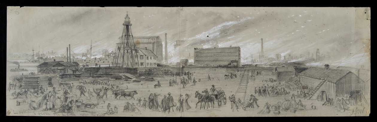 Pohled z jezera Michigan poblíž řeky Chicago během požáru v Chicagu v roce 1871 (tužka a křída na papíře) od Alfred Rudolph Waud