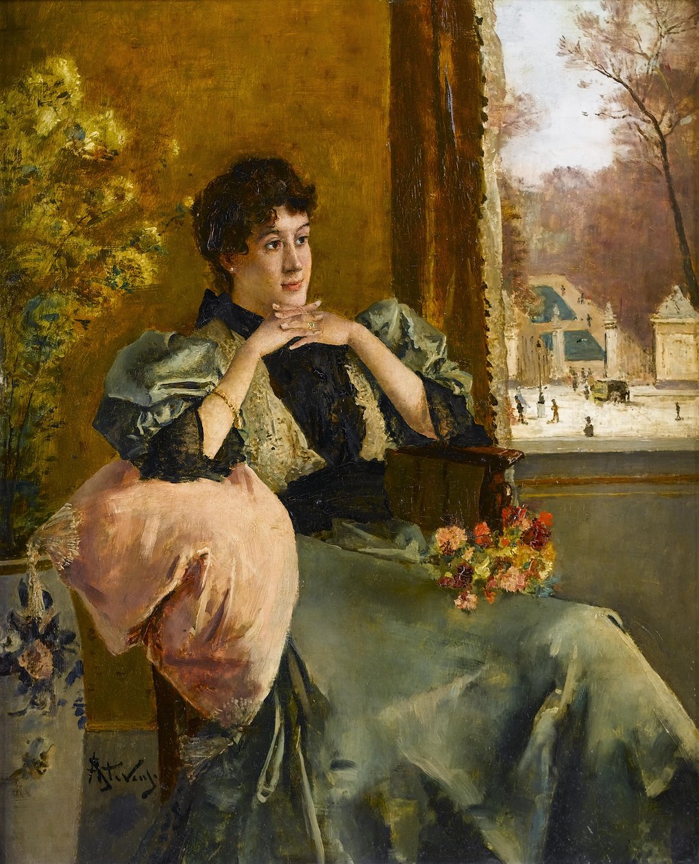 Zamyšlená žena u okna od Alfred Emile Stevens
