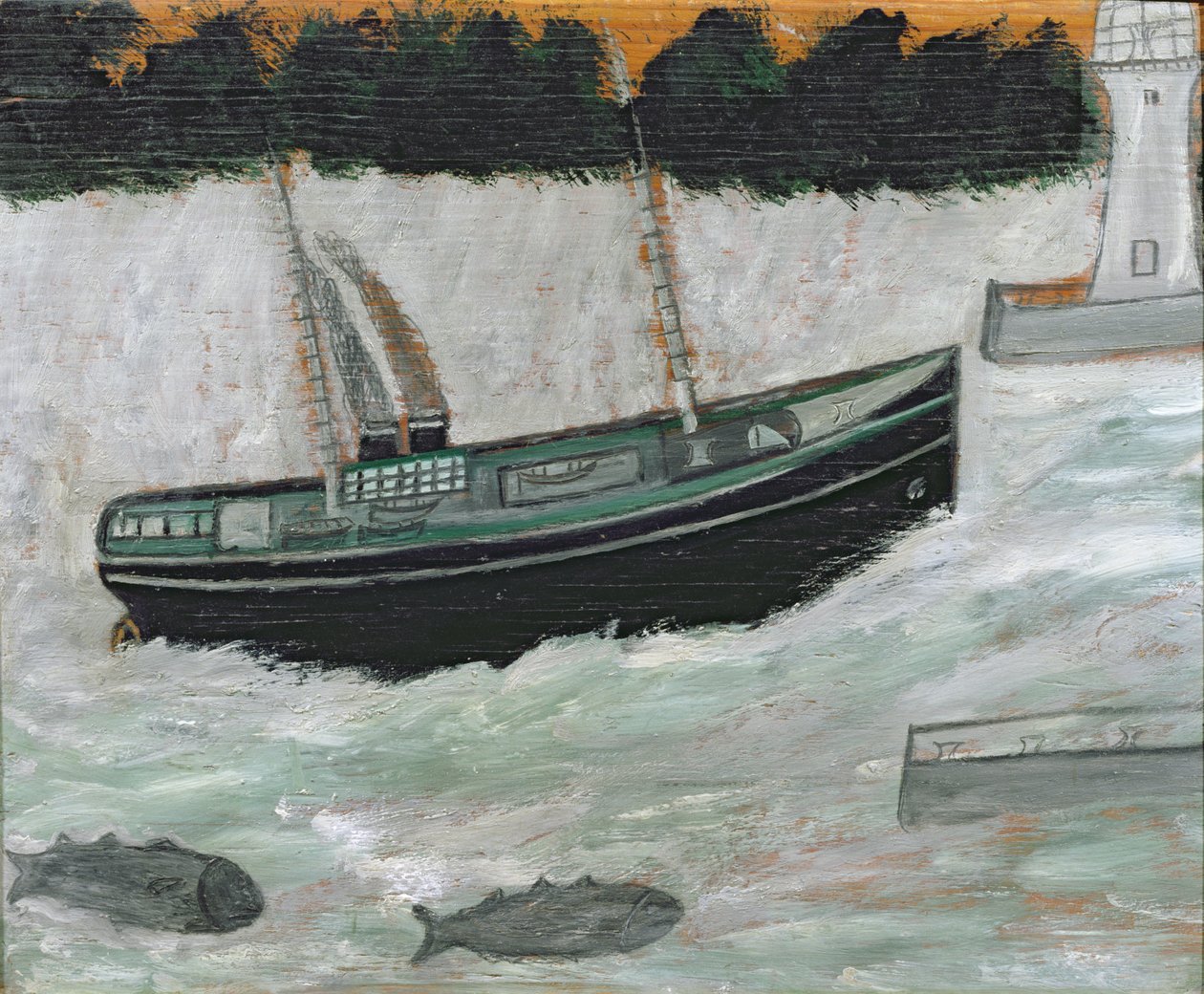 Maják s trawlerem a rybami od Alfred Wallis