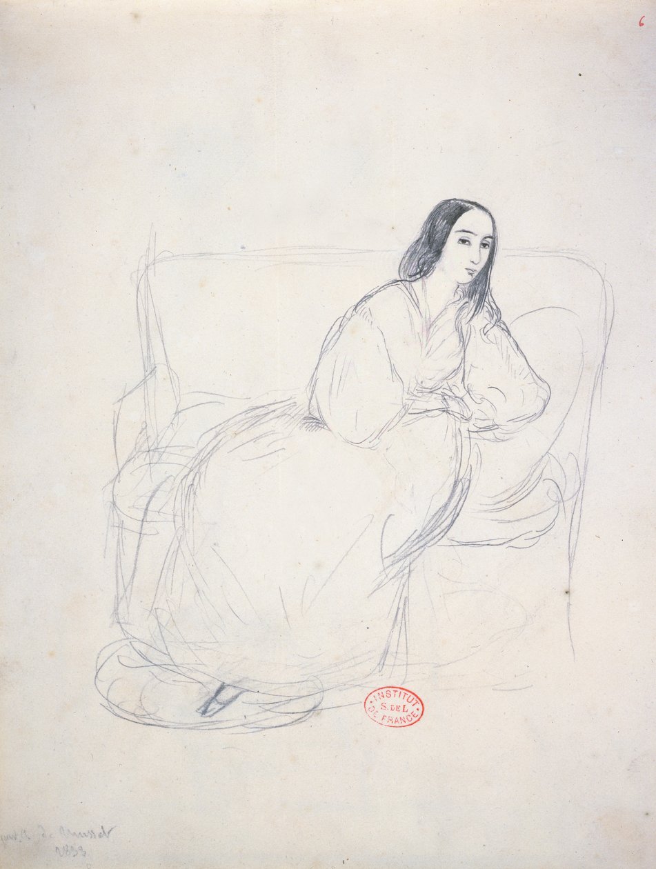 George Sand (1804-1876) sedící na pohovce, 1833 od Alfred de Musset