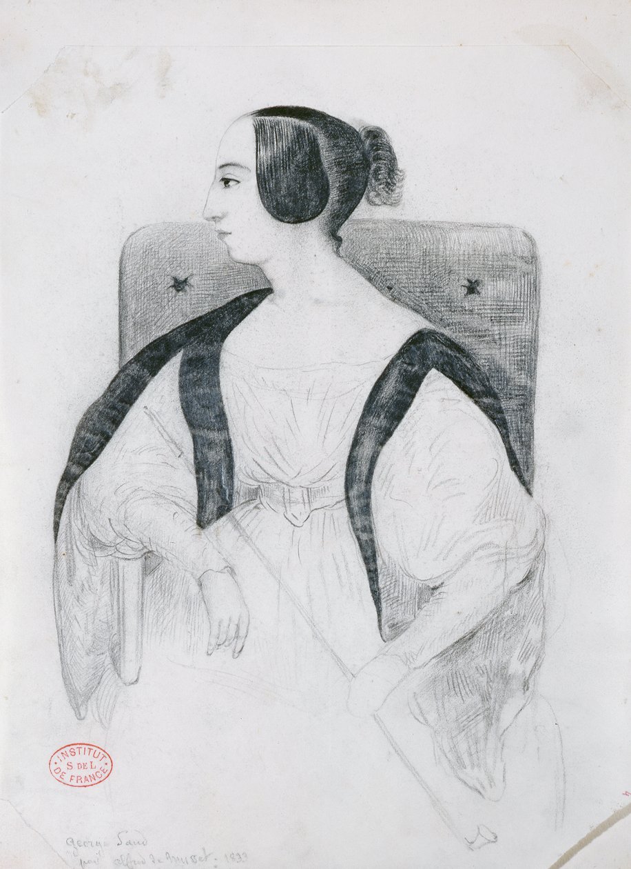 George Sand (1804-76) sedící v křesle, 1833 od Alfred de Musset