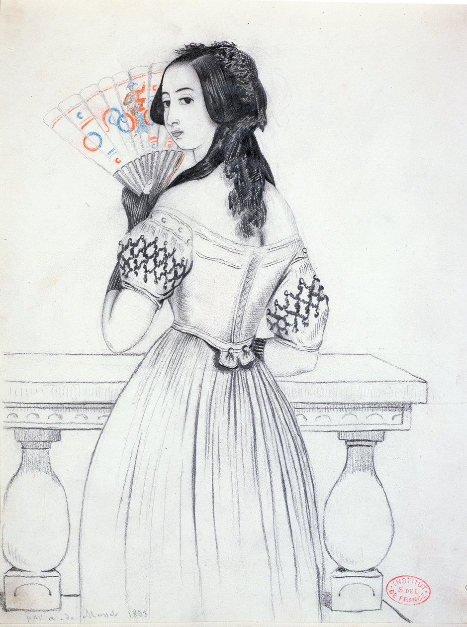 George Sand (1804-76) s ventilátorem, 1833 od Alfred de Musset