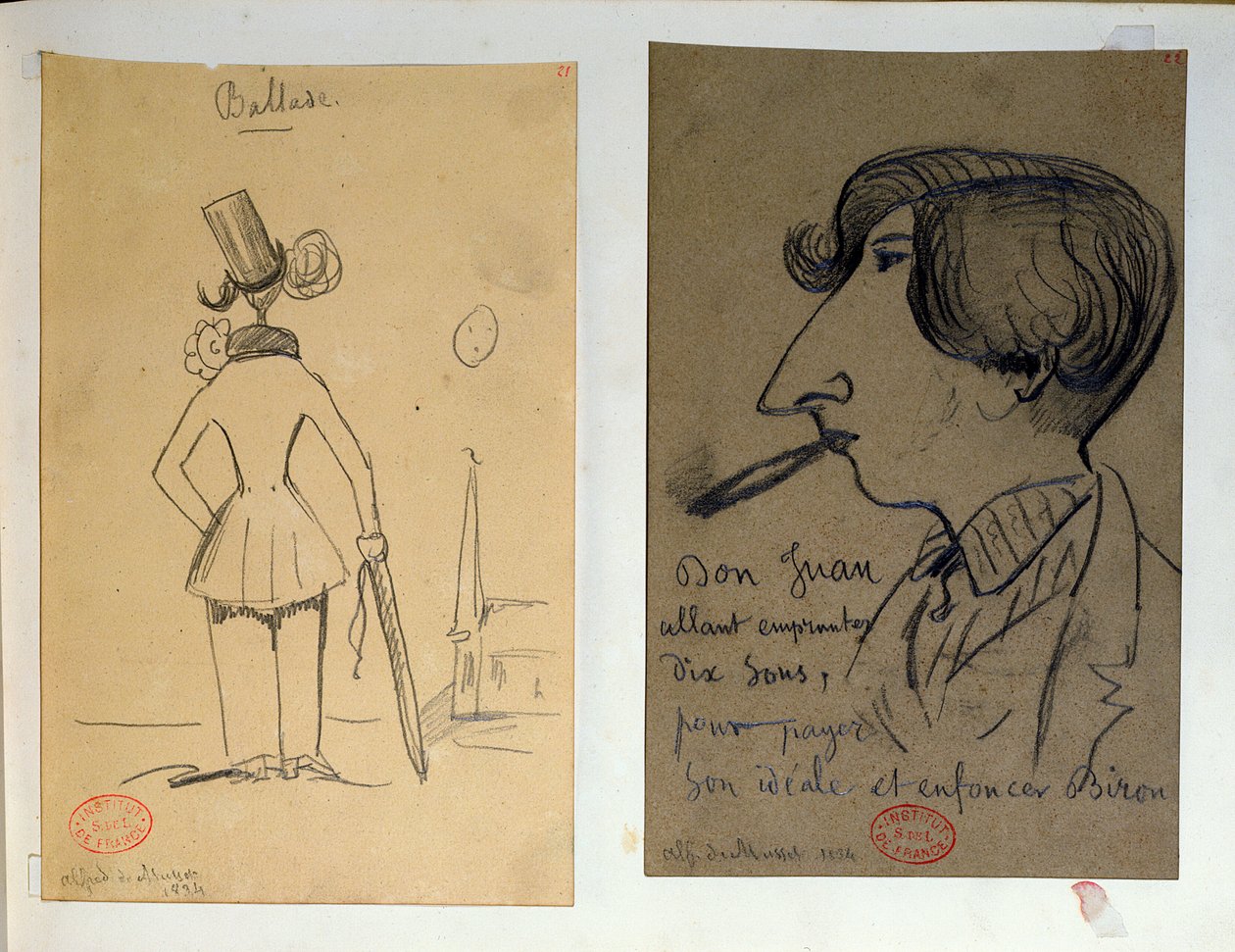 Dva obrazy, "Balada" (Měsíc jako tečka na I): Alfred de Musset (1810-57) zezadu (vpravo), "Don Juan...": Musset kouří (vlevo), 1834 od Alfred de Musset