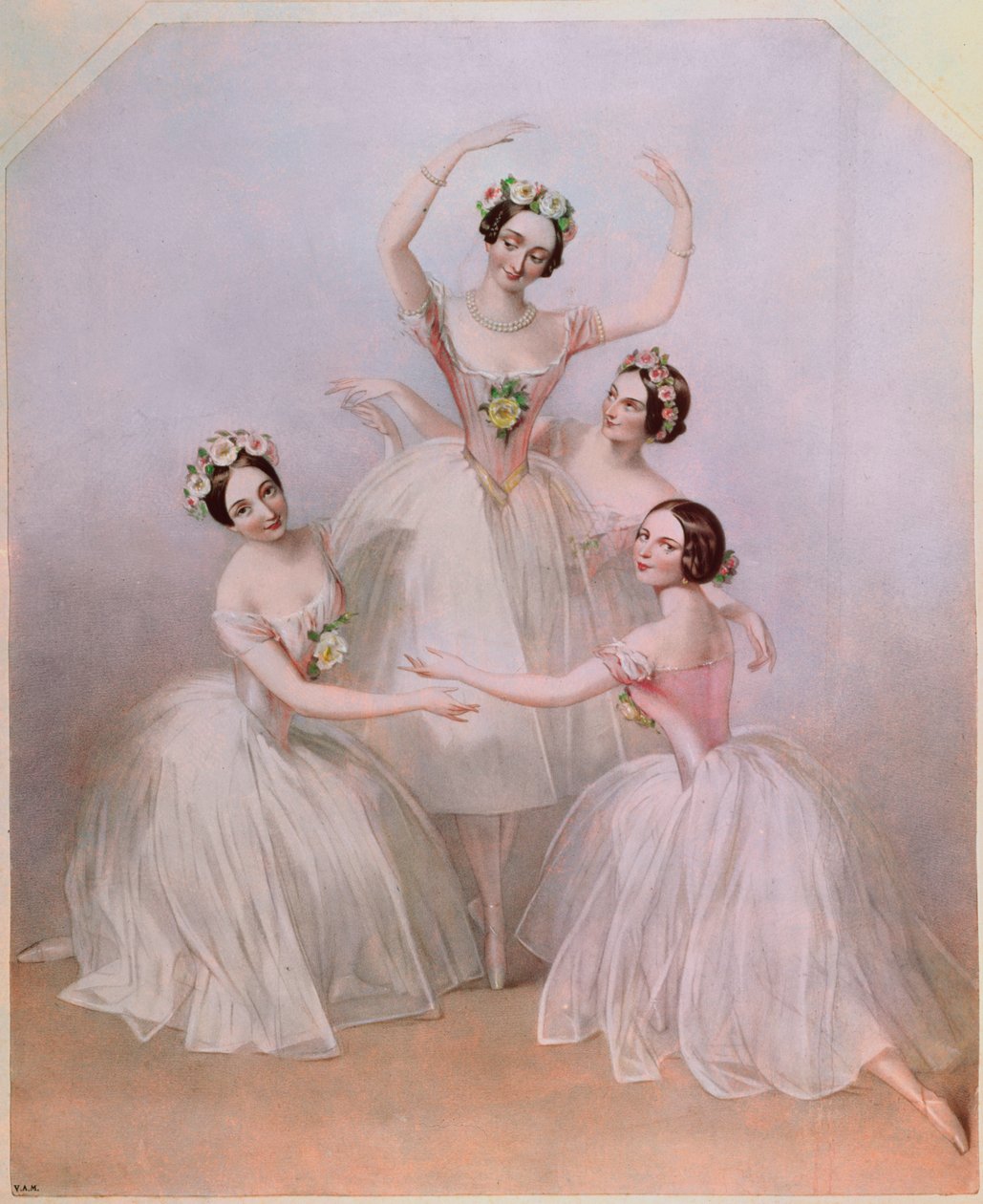 „Pas de Quatre“: Carlotta Grisi (1819-99), Marie Taglioni (1804-84), Lucile Grahn (1819-1907) a Fanny Cerrito (1817-1909) od Alfred Edward Chalon