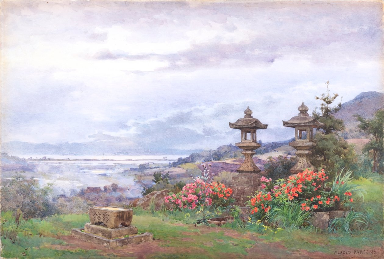 Západ slunce nad jezerem Biwa, z Tennenji (akvarel) od Alfred Parsons