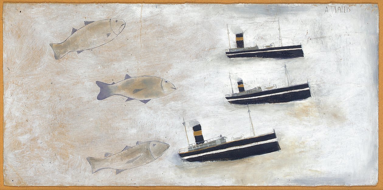 Ryby a trawlery (tužka a olej na kartě) od Alfred Wallis