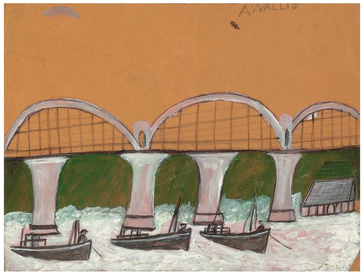 Saltash Bridge (tužka a olej na kartě) od Alfred Wallis