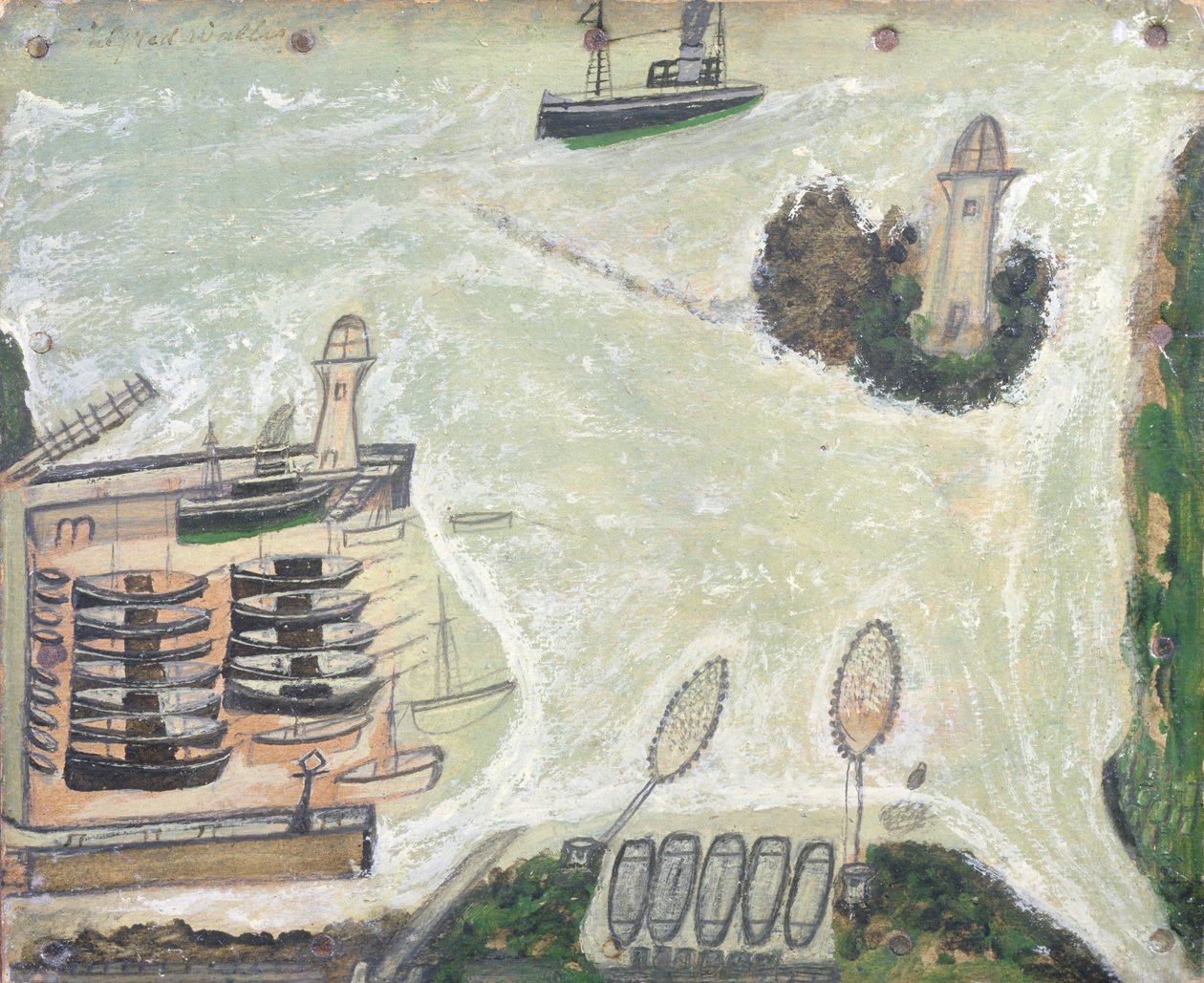 St. Ives Harbour a maják Godrevy, kolem roku 1930 od Alfred Wallis